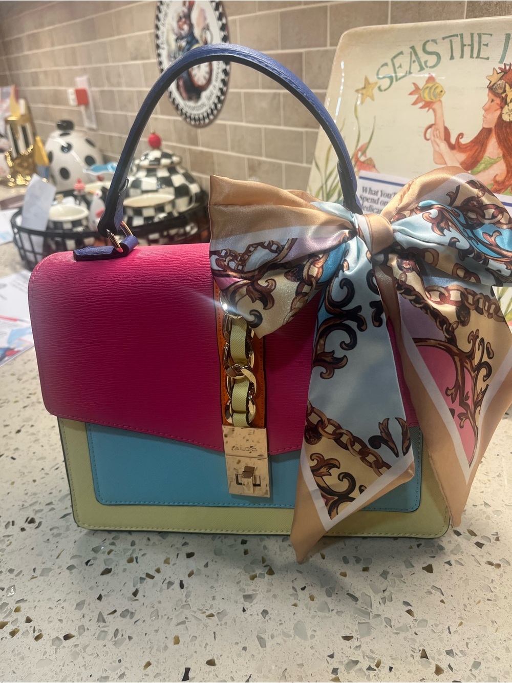 Aldo Colorblock Top-Handle Satchel in Fuchsia, Sky Blue and Cream